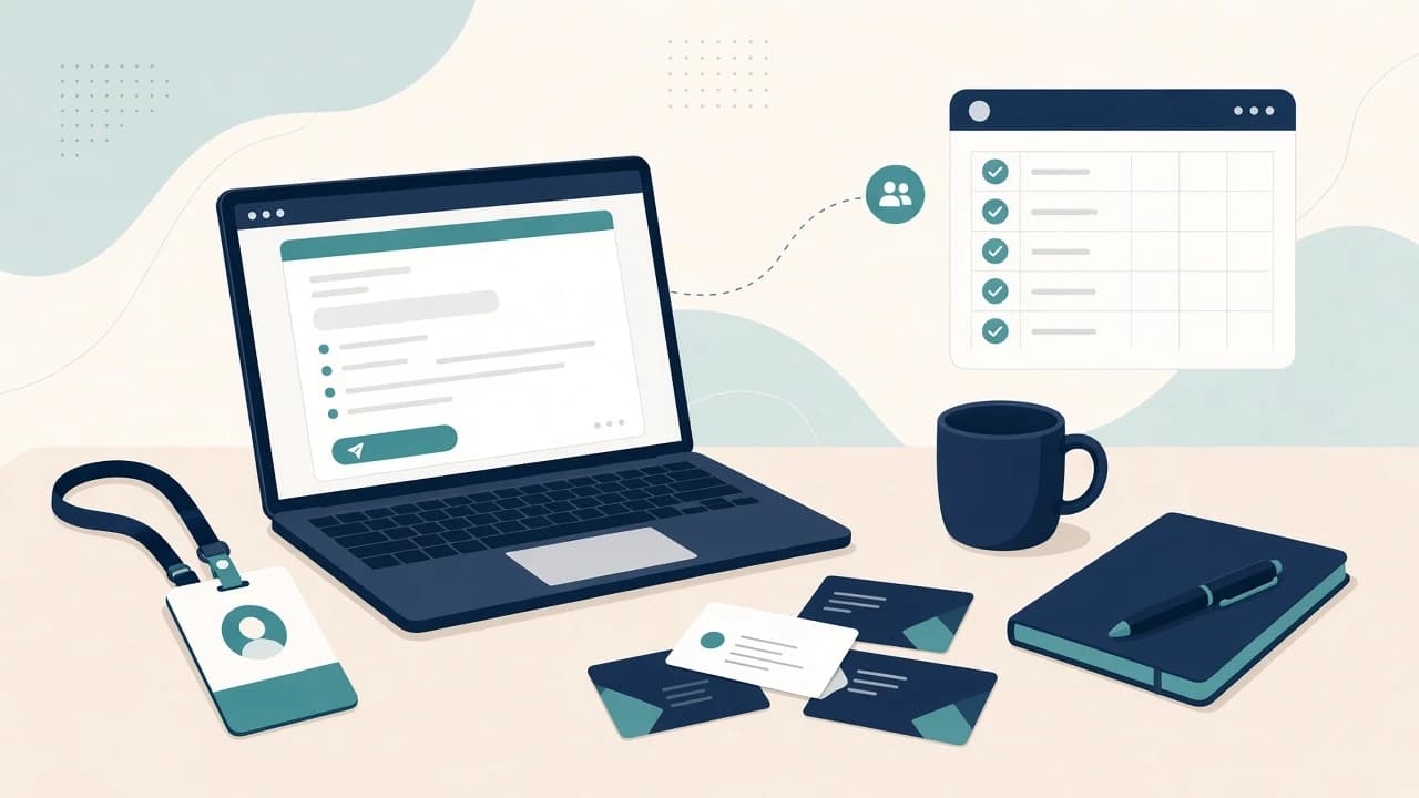 Desk with laptop, conference badge, and follow-up checklist after a trade show