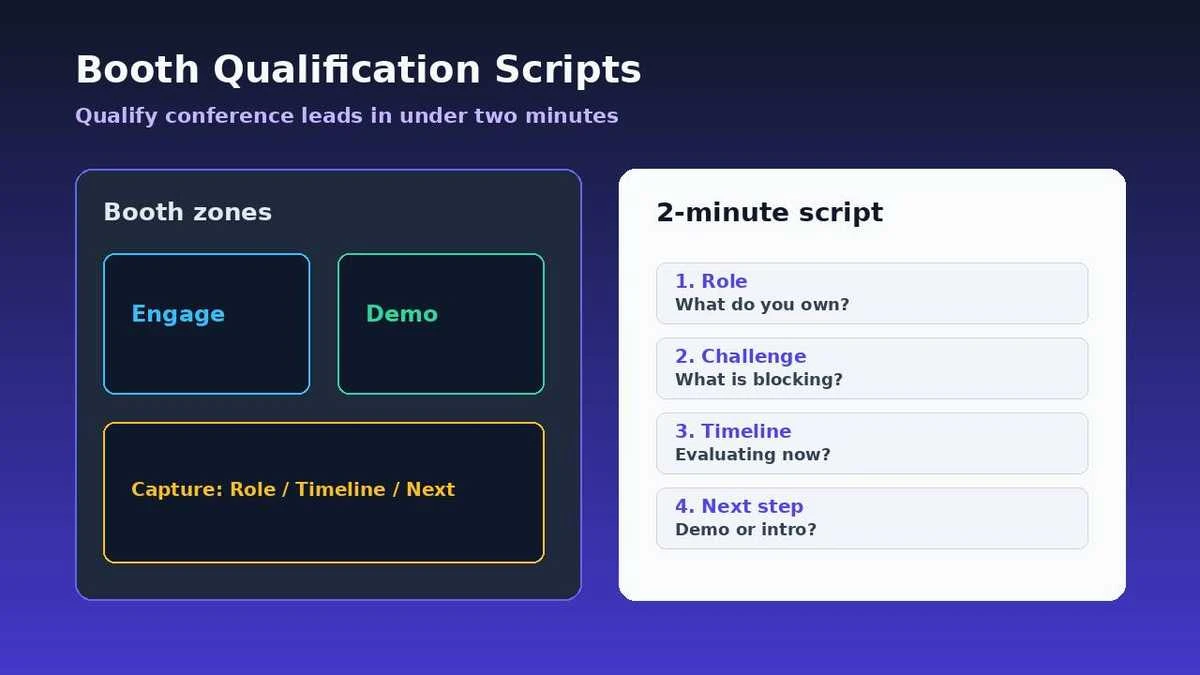 Stylized booth zones diagram and two-minute qualification script for conference leads