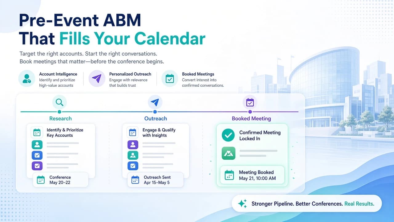 Stylized dashboard showing pre-event ABM timeline and target account cards for conferences