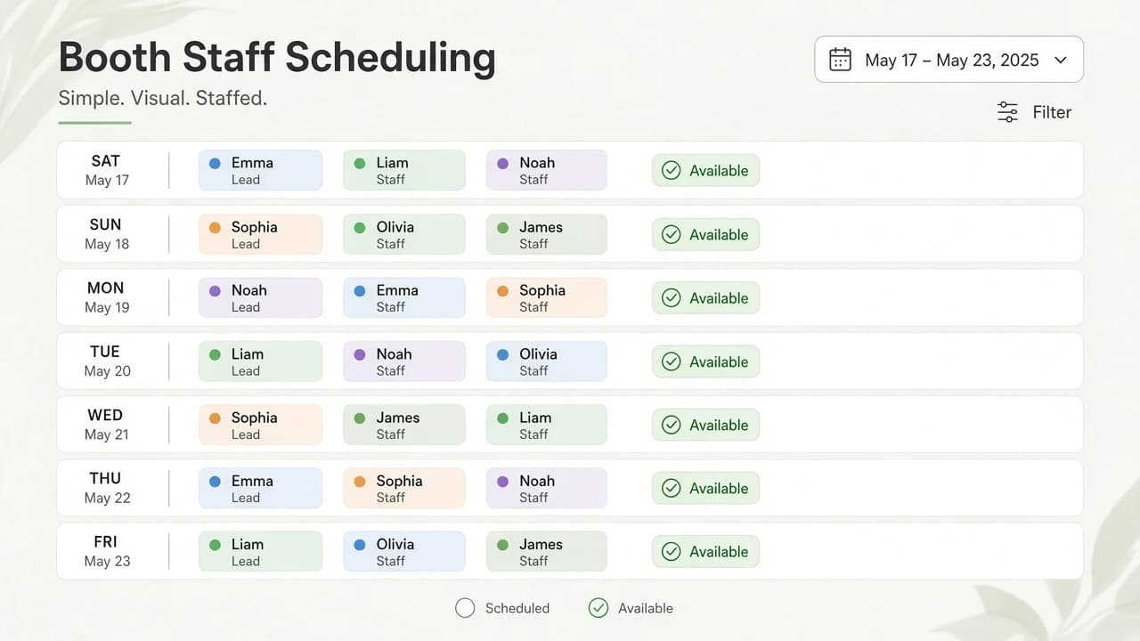 Minimal booth staff schedule strips with staff chips and available badges