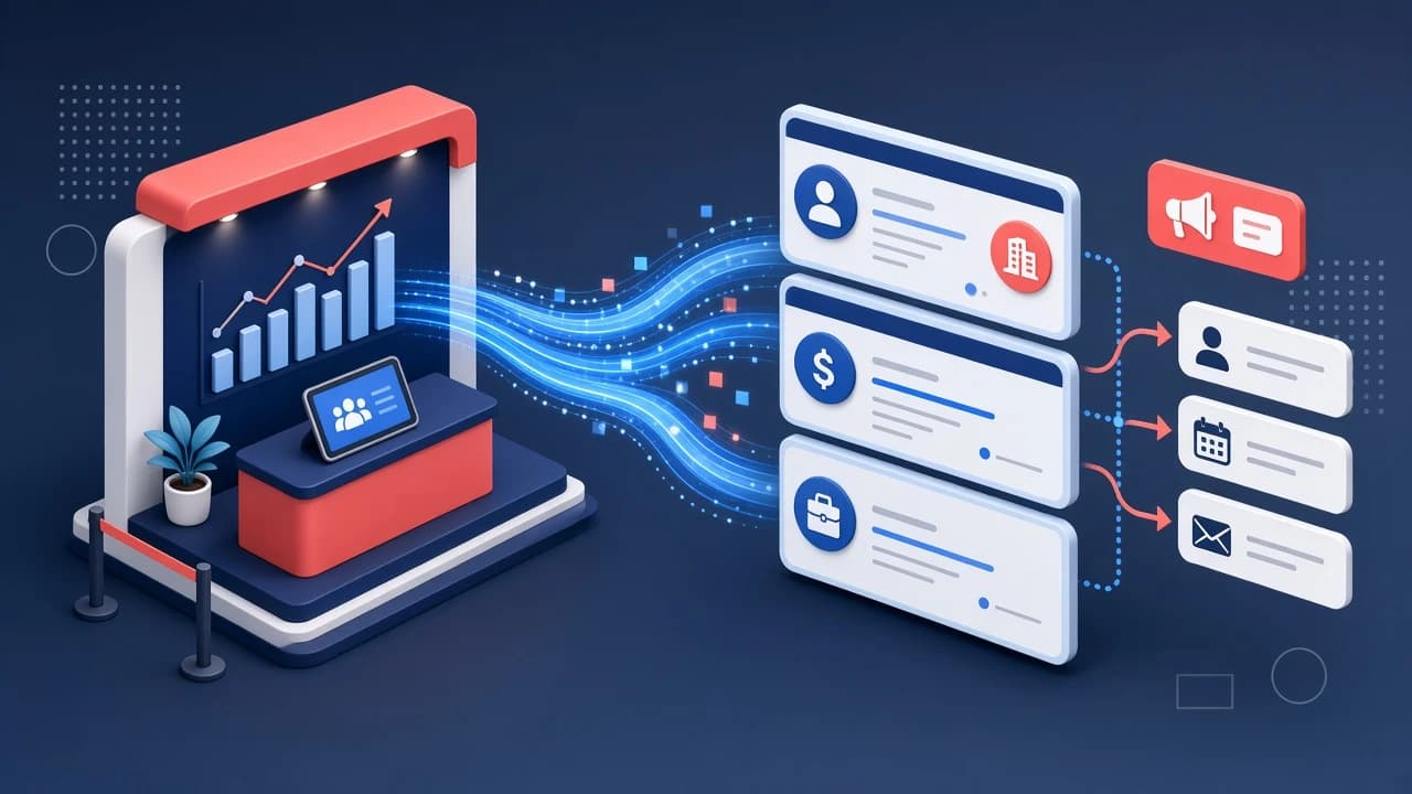 Isometric conference booth sending lead data streams into Salesforce CRM record cards