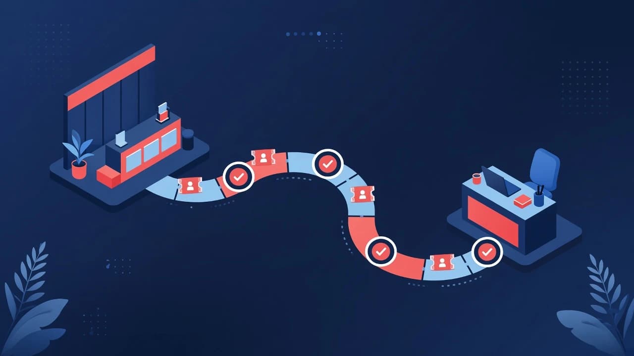 Isometric path from a conference booth to a sales desk with SLA checkpoints