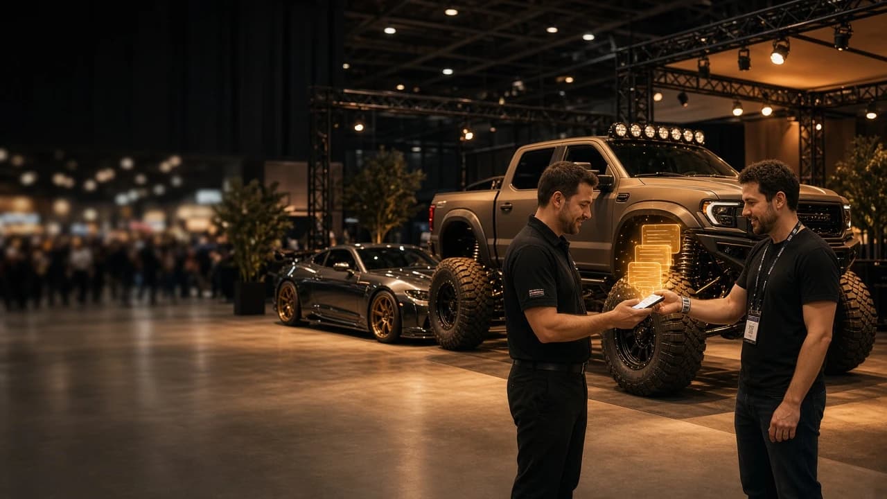 Exhibitor scanning a visitor's badge at an automotive booth with a lifted truck at SEMA Show